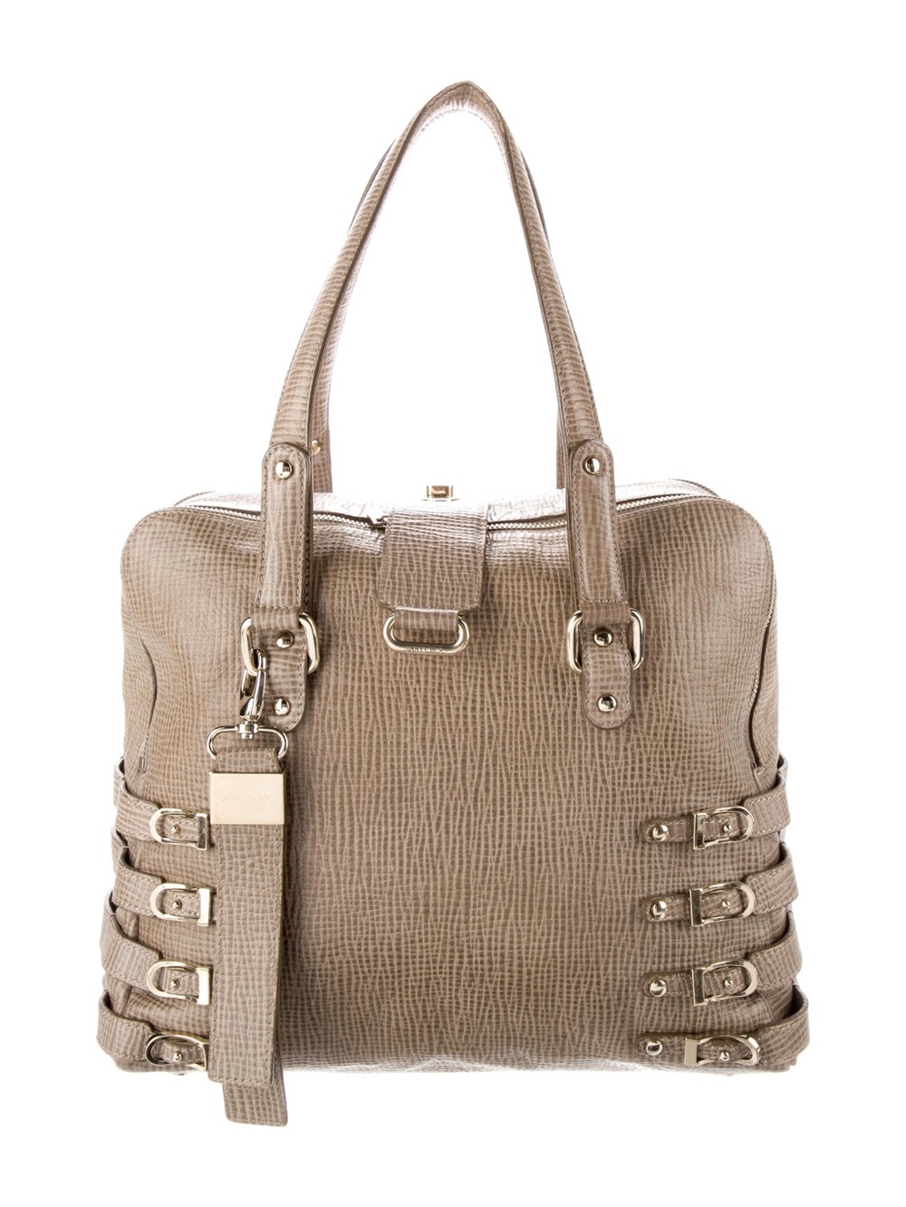 JIMMY CHOO Taupe Leather Blythe Blanche Bowling Tote Flap Handbag